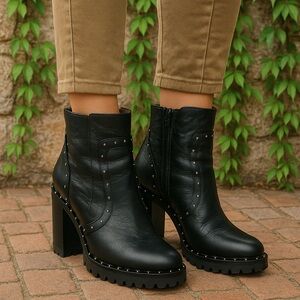 ERIC MICHAEL Black Leather Studded Ankle Boots, 39EU/8.5 US
